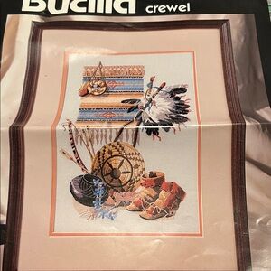 Bucilla Crewel Kit with Native American Motif in Blue, Red, and Brown